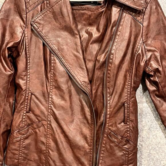 Guess Brown Moto Jacket Womens Medium Vintage Lined Zip Sleeves Pockets - Picture 9 of 15